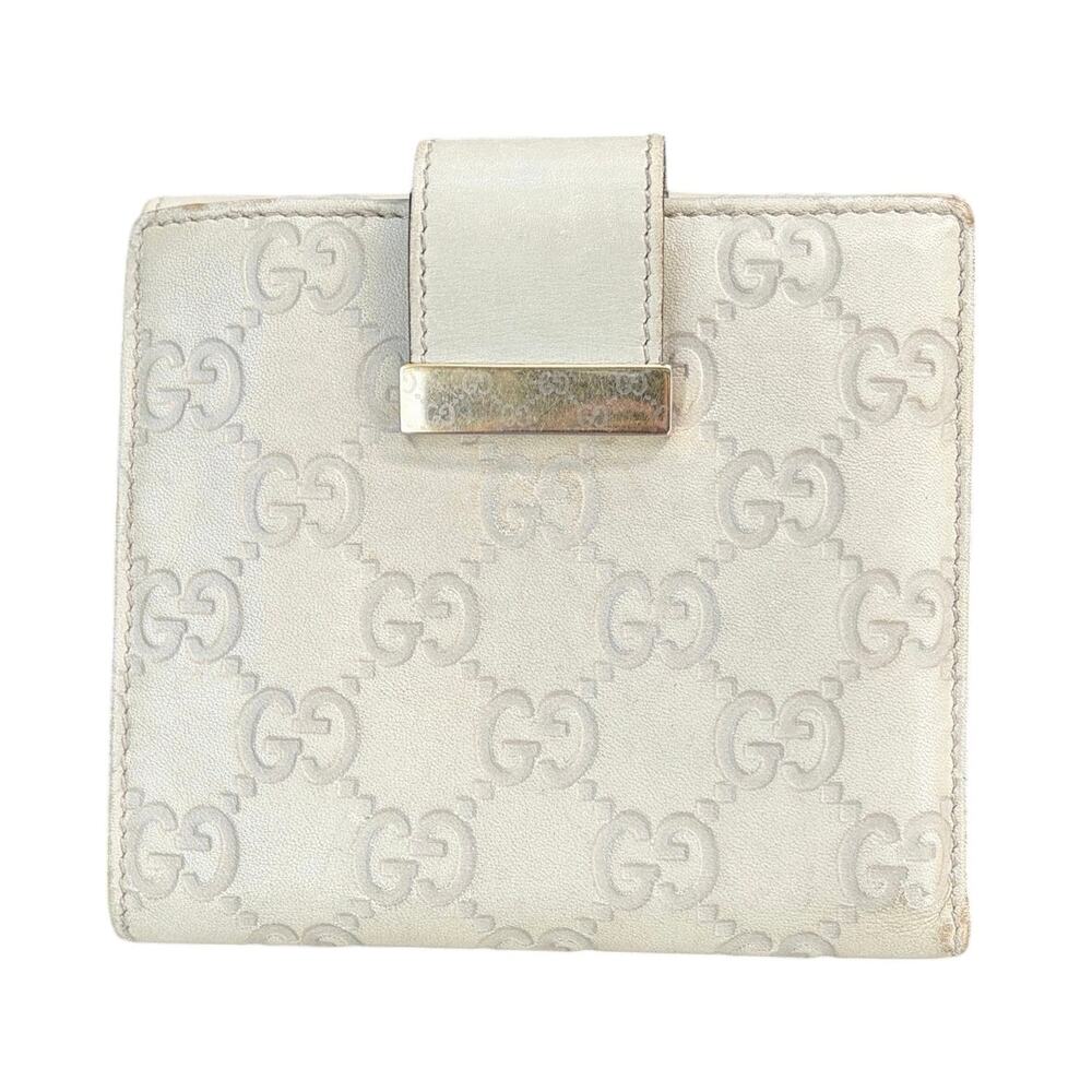 Gucci Guccissima Ivory Leather Compact Wallet with Gold Tab Snap Closure
